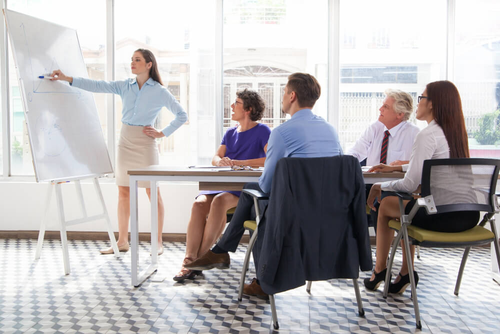 Colaboradores de empresa em sessão de aprendizagem