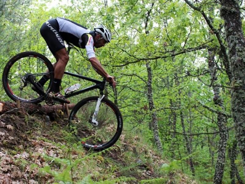 praticante de btt em manobra arriscada na floresta