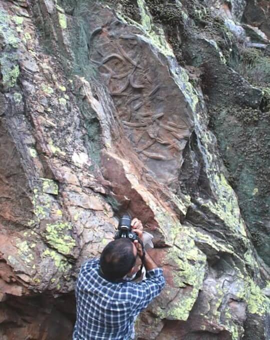 homem a fotografar fósseis buna rocha